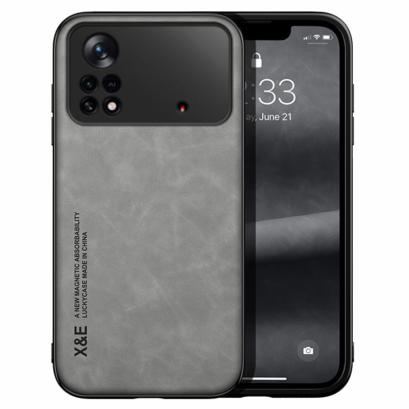 X&E Skin-touch Leather Coated TPU Case for Xiaomi Poco X4 Pro 5G, Built-in Metal Sheet Shockproof Phone Cover