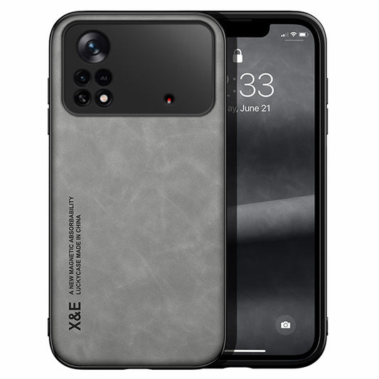 X&E Skin-touch Leather Coated TPU Case for Xiaomi Poco X4 Pro 5G, Built-in Metal Sheet Shockproof Phone Cover