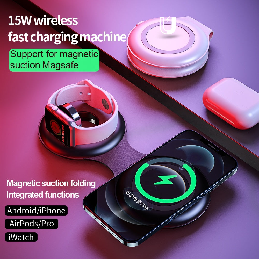 WS40 15W 3 in 1 Multi-functional Folding Wireless Fast Charger with Magnetic Adsorption