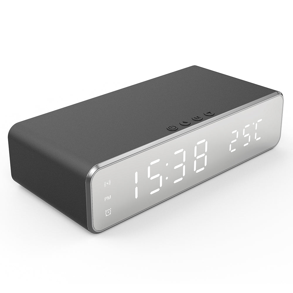 HYY-WX03 Multifunctional Desktop LED Digital Display Alarm Clock Mirror Surface Thermometer with Wireless Charger Function