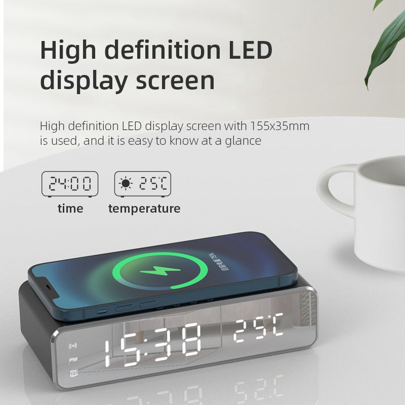 HYY-WX03 Multifunctional Desktop LED Digital Display Alarm Clock Mirror Surface Thermometer with Wireless Charger Function