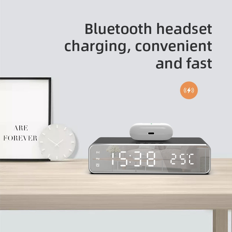 HYY-WX03 Multifunctional Desktop LED Digital Display Alarm Clock Mirror Surface Thermometer with Wireless Charger Function