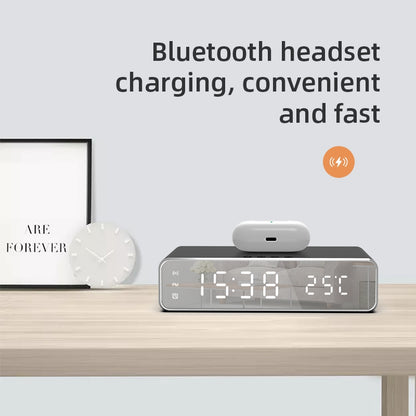 HYY-WX03 Multifunctional Desktop LED Digital Display Alarm Clock Mirror Surface Thermometer with Wireless Charger Function