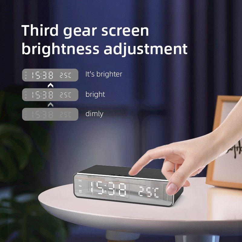 HYY-WX03 Multifunctional Desktop LED Digital Display Alarm Clock Mirror Surface Thermometer with Wireless Charger Function