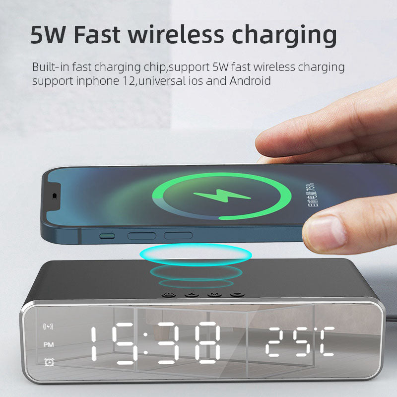 HYY-WX03 Multifunctional Desktop LED Digital Display Alarm Clock Mirror Surface Thermometer with Wireless Charger Function