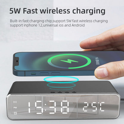 HYY-WX03 Multifunctional Desktop LED Digital Display Alarm Clock Mirror Surface Thermometer with Wireless Charger Function