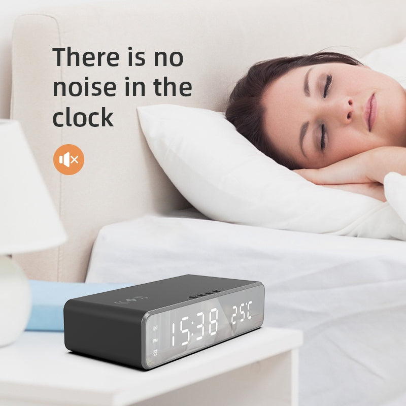 HYY-WX03 Multifunctional Desktop LED Digital Display Alarm Clock Mirror Surface Thermometer with Wireless Charger Function
