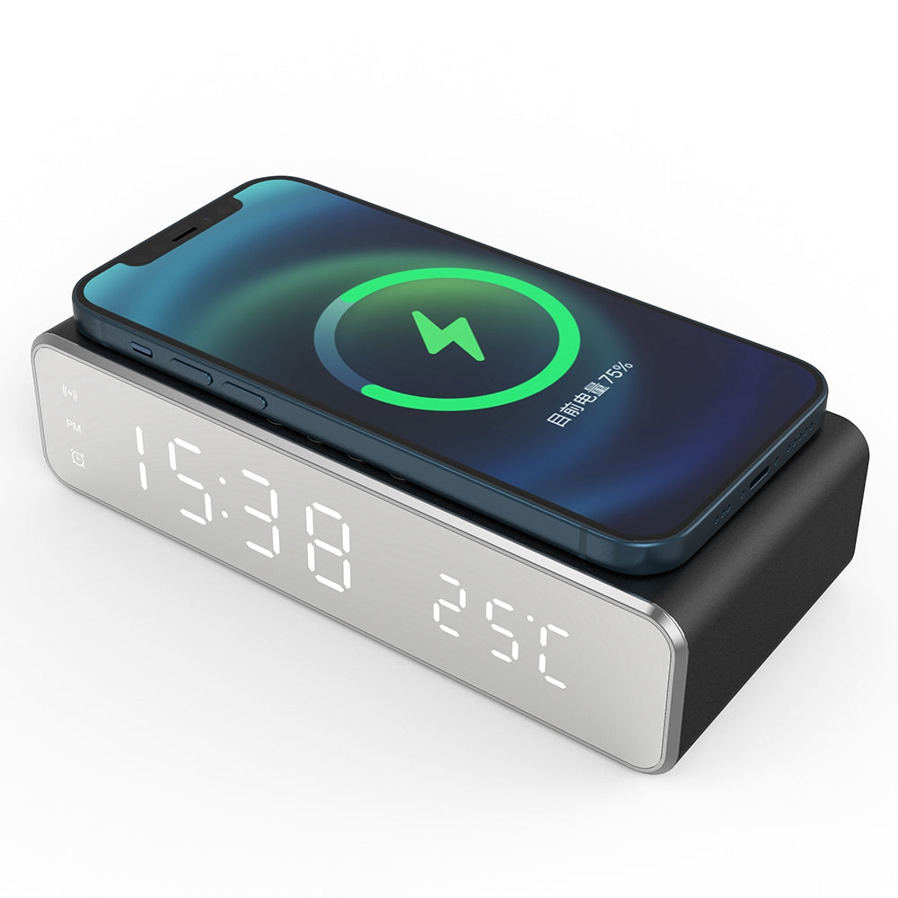 HYY-WX03 Multifunctional Desktop LED Digital Display Alarm Clock Mirror Surface Thermometer with Wireless Charger Function