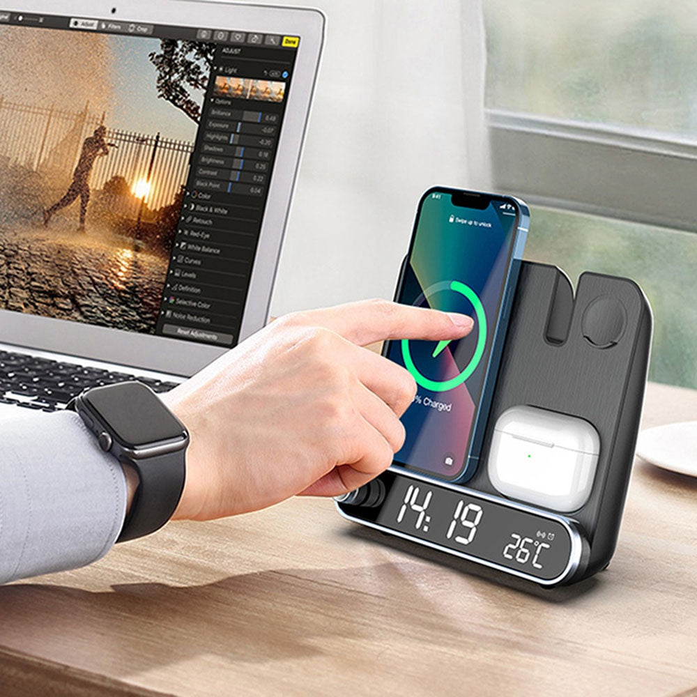 15W Wireless Charger 3 in 1 Multi-function Charging Station Desktop Charging Stand with Alarm Clock Function for iPhone iWatch AirPods