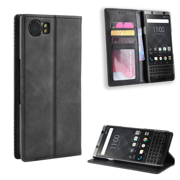 Vintage Style Auto-absorbed PU Leather Mobile Cover with Wallet Stand for BlackBerry Keyone