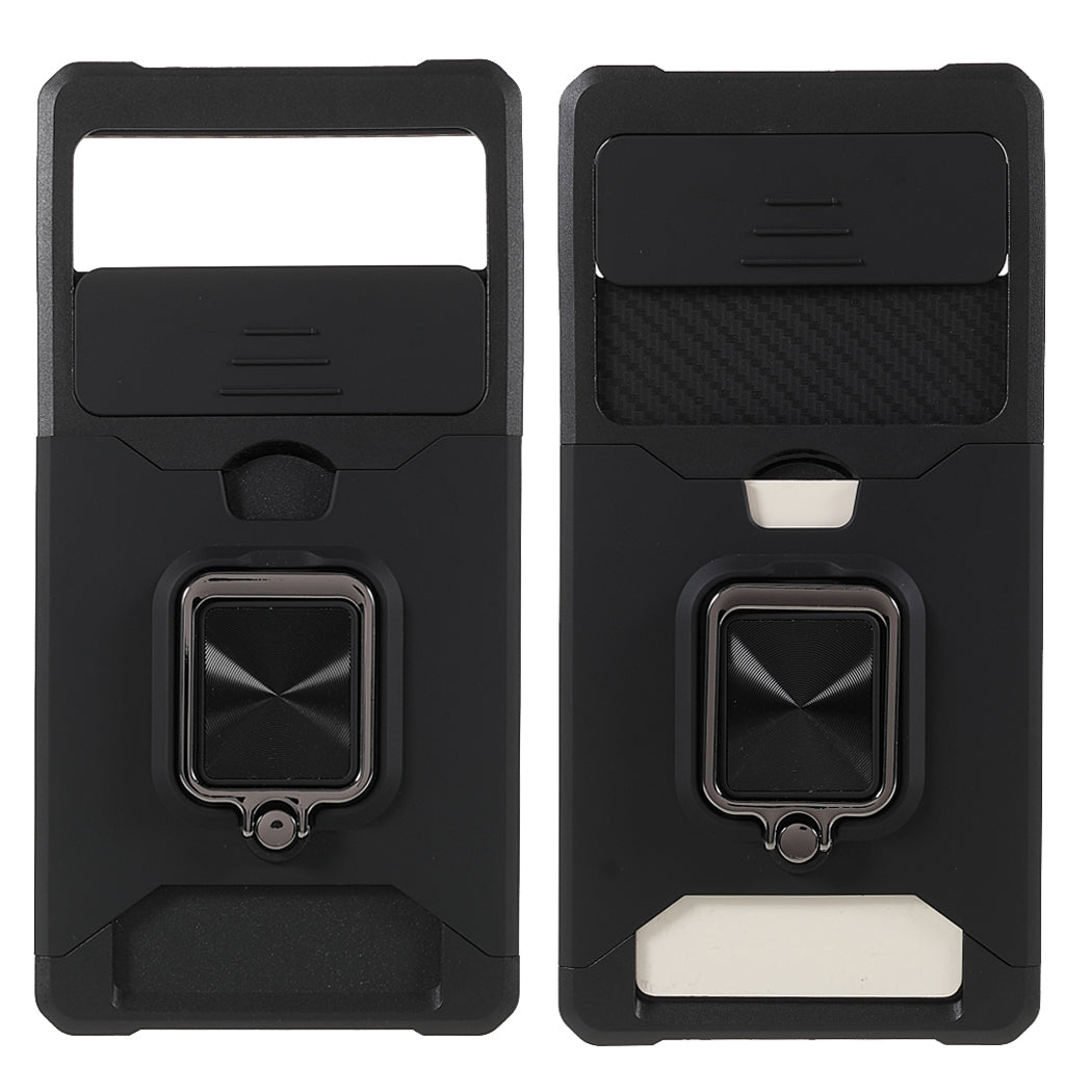 Ring Kickstand Hard PC + TPU 2-in-1 Shockproof Protective Case with Slide Camera Cover and Card Holder for Google Pixel 6