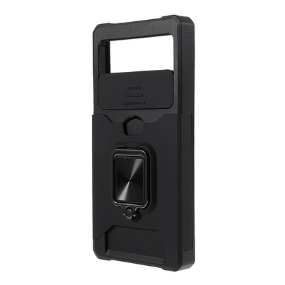 Ring Kickstand Hard PC + TPU 2-in-1 Shockproof Protective Case with Slide Camera Cover and Card Holder for Google Pixel 6
