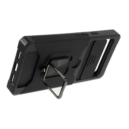 Ring Kickstand Hard PC + TPU 2-in-1 Shockproof Protective Case with Slide Camera Cover and Card Holder for Google Pixel 6