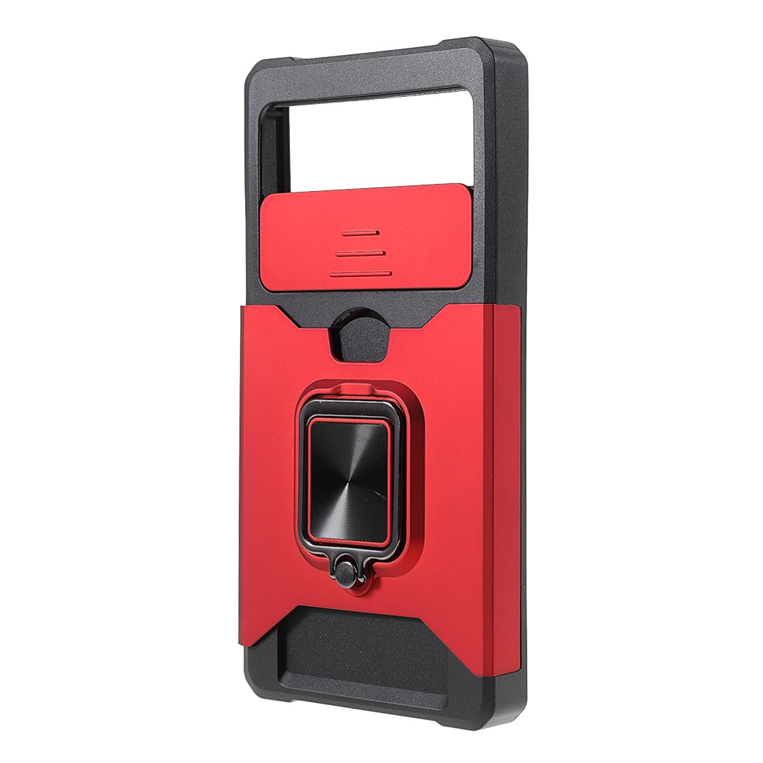 Ring Kickstand Hard PC + TPU 2-in-1 Shockproof Protective Case with Slide Camera Cover and Card Holder for Google Pixel 6