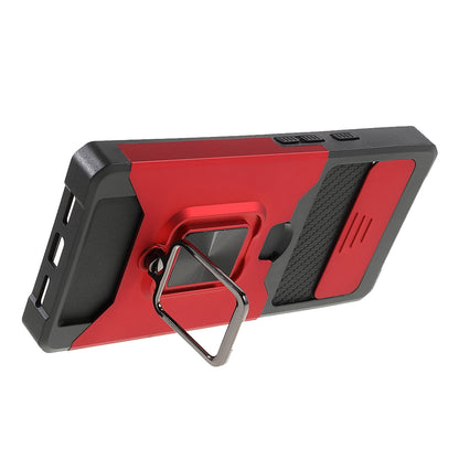 Ring Kickstand Hard PC + TPU 2-in-1 Shockproof Protective Case with Slide Camera Cover and Card Holder for Google Pixel 6