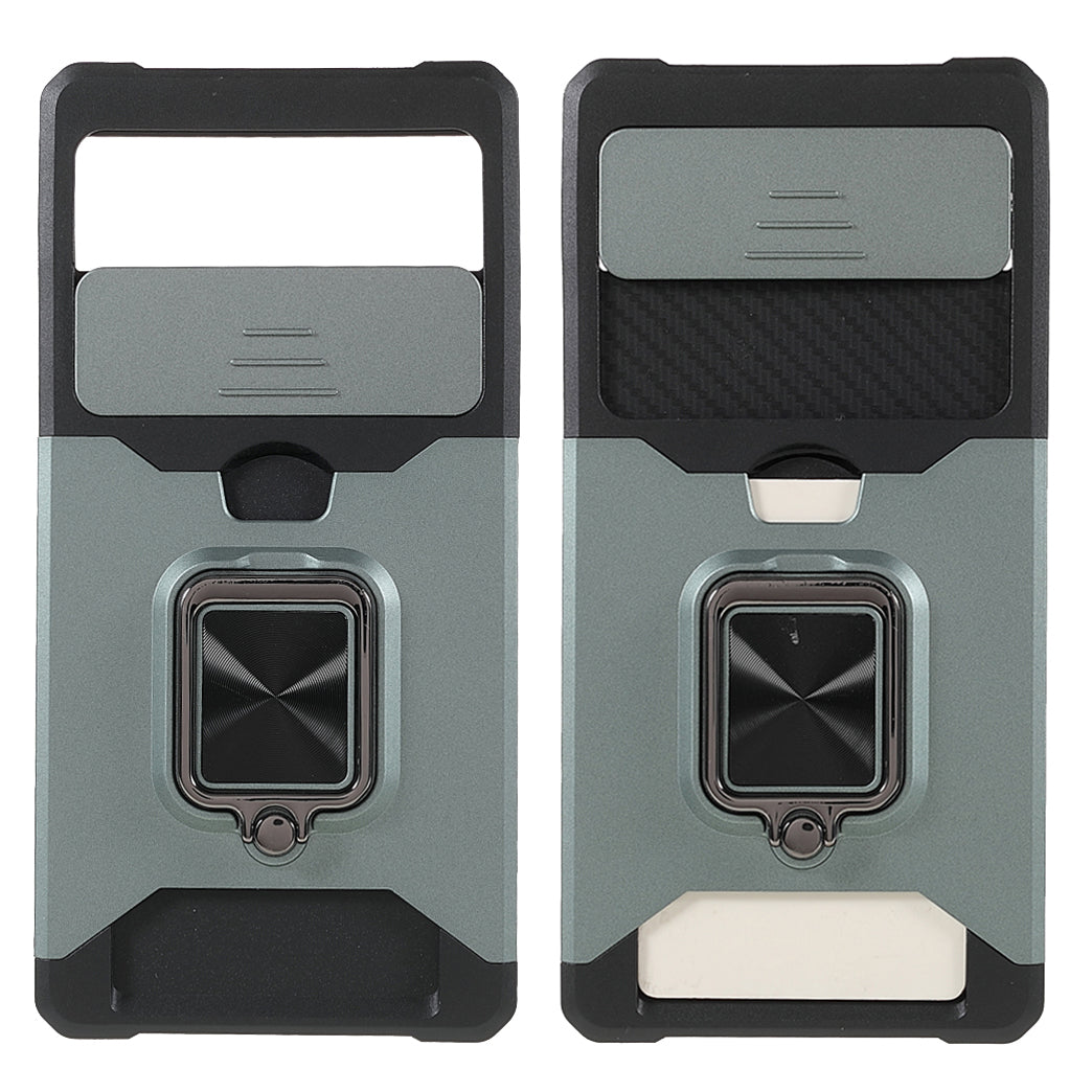 Ring Kickstand Hard PC + TPU 2-in-1 Shockproof Protective Case with Slide Camera Cover and Card Holder for Google Pixel 6