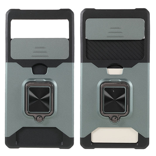 Ring Kickstand Hard PC + TPU 2-in-1 Shockproof Protective Case with Slide Camera Cover and Card Holder for Google Pixel 6