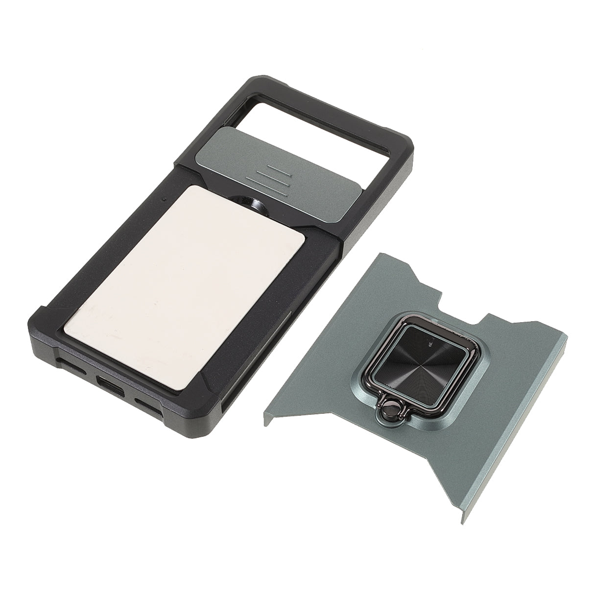 Ring Kickstand Hard PC + TPU 2-in-1 Shockproof Protective Case with Slide Camera Cover and Card Holder for Google Pixel 6