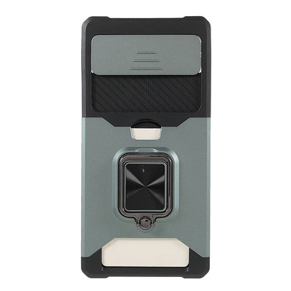 Ring Kickstand Hard PC + TPU 2-in-1 Shockproof Protective Case with Slide Camera Cover and Card Holder for Google Pixel 6