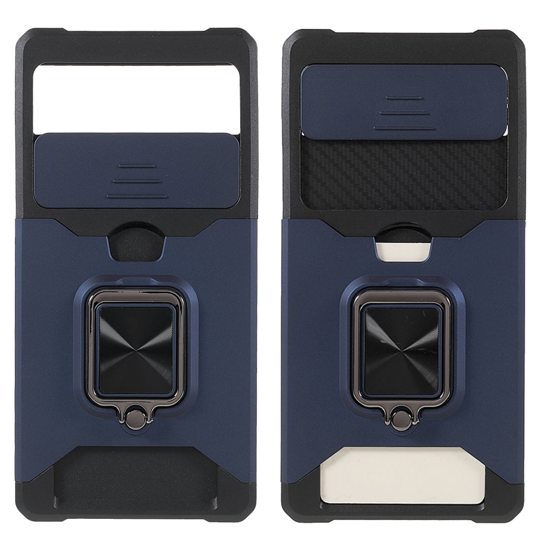 Ring Kickstand Hard PC + TPU 2-in-1 Shockproof Protective Case with Slide Camera Cover and Card Holder for Google Pixel 6