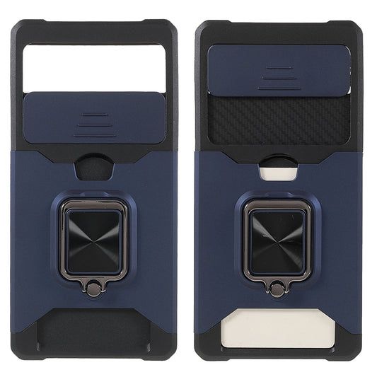 Ring Kickstand Hard PC + TPU 2-in-1 Shockproof Protective Case with Slide Camera Cover and Card Holder for Google Pixel 6