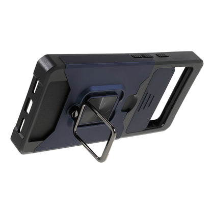 Ring Kickstand Hard PC + TPU 2-in-1 Shockproof Protective Case with Slide Camera Cover and Card Holder for Google Pixel 6