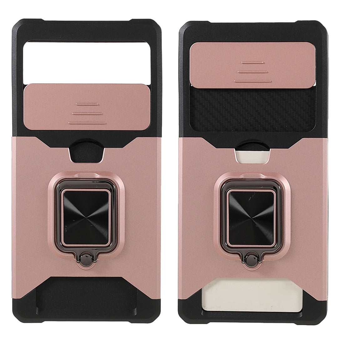 Ring Kickstand Hard PC + TPU 2-in-1 Shockproof Protective Case with Slide Camera Cover and Card Holder for Google Pixel 6