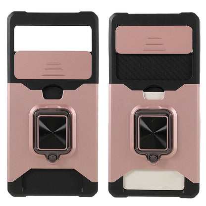 Ring Kickstand Hard PC + TPU 2-in-1 Shockproof Protective Case with Slide Camera Cover and Card Holder for Google Pixel 6