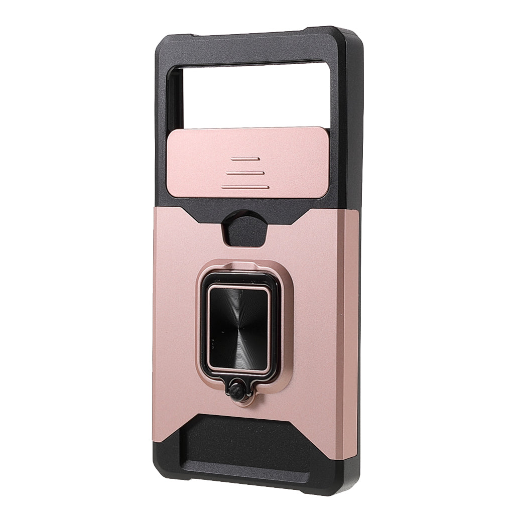 Ring Kickstand Hard PC + TPU 2-in-1 Shockproof Protective Case with Slide Camera Cover and Card Holder for Google Pixel 6