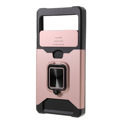 Ring Kickstand Hard PC + TPU 2-in-1 Shockproof Protective Case with Slide Camera Cover and Card Holder for Google Pixel 6