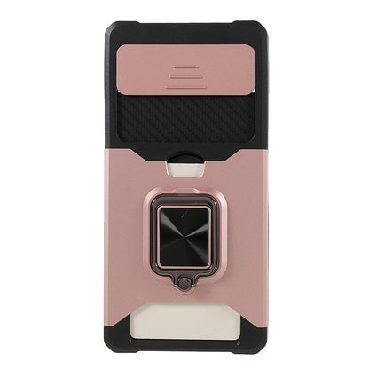Ring Kickstand Hard PC + TPU 2-in-1 Shockproof Protective Case with Slide Camera Cover and Card Holder for Google Pixel 6