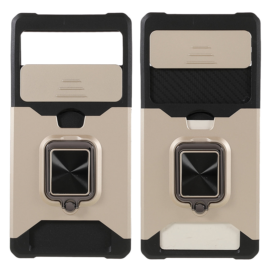 Ring Kickstand Hard PC + TPU 2-in-1 Shockproof Protective Case with Slide Camera Cover and Card Holder for Google Pixel 6