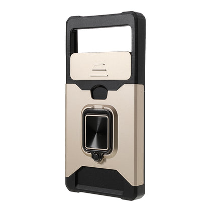 Ring Kickstand Hard PC + TPU 2-in-1 Shockproof Protective Case with Slide Camera Cover and Card Holder for Google Pixel 6