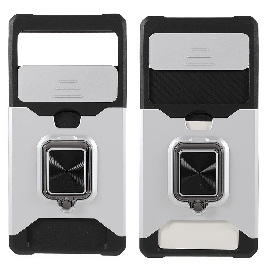 Ring Kickstand Hard PC + TPU 2-in-1 Shockproof Protective Case with Slide Camera Cover and Card Holder for Google Pixel 6