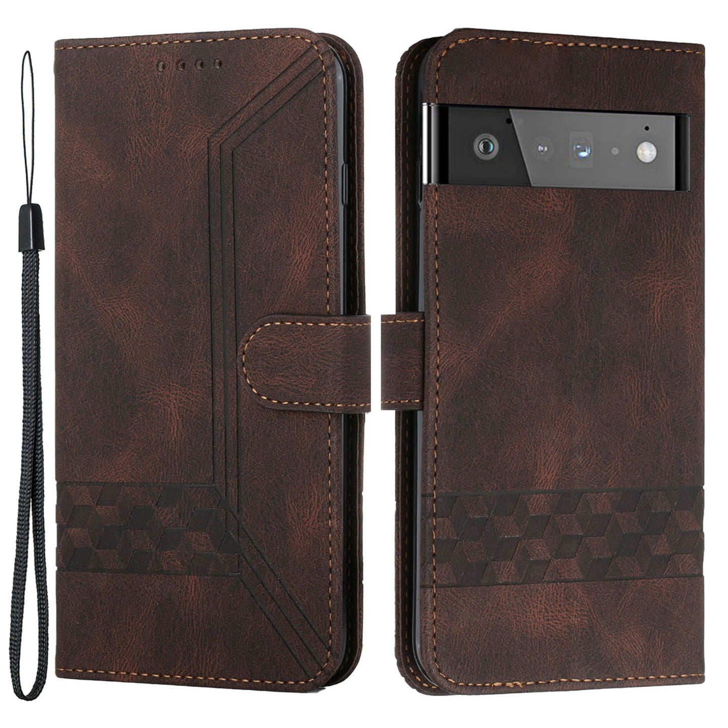 YX 0010  Leather Protective Case Compatible for Google Pixel 6 Supporting Stand Wallet Feature Shockproof Rhombus and Lines Imprinting Skin-touch Feel Phone Shell