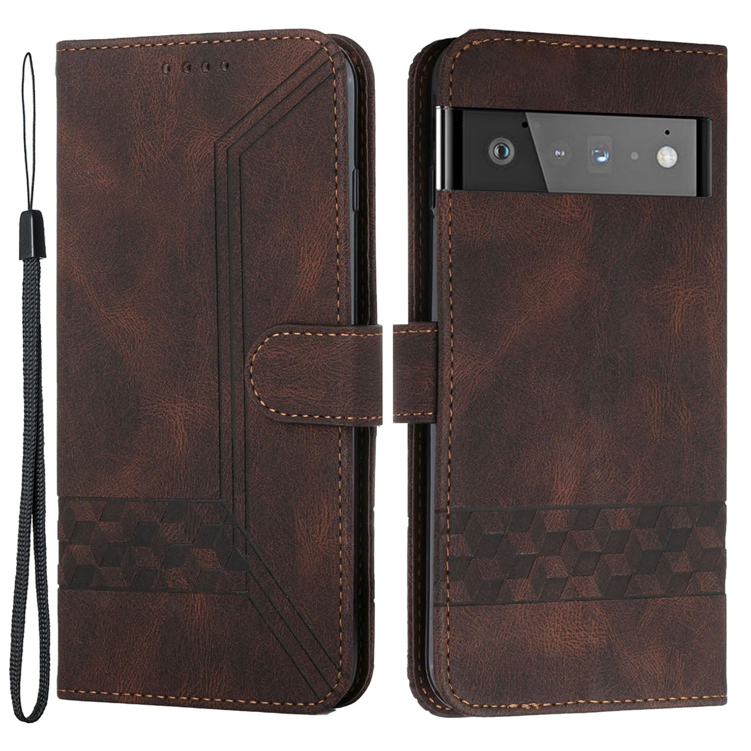 YX 0010  Leather Protective Case Compatible for Google Pixel 6 Supporting Stand Wallet Feature Shockproof Rhombus and Lines Imprinting Skin-touch Feel Phone Shell