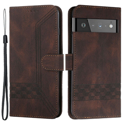 YX 0010  Leather Protective Case Compatible for Google Pixel 6 Supporting Stand Wallet Feature Shockproof Rhombus and Lines Imprinting Skin-touch Feel Phone Shell