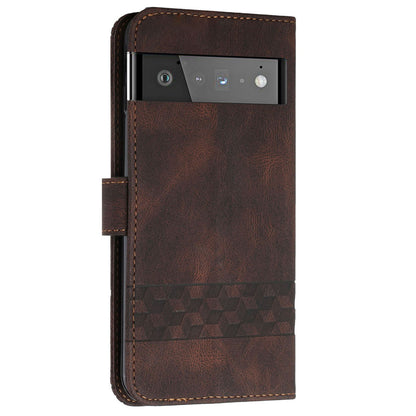 YX 0010  Leather Protective Case Compatible for Google Pixel 6 Supporting Stand Wallet Feature Shockproof Rhombus and Lines Imprinting Skin-touch Feel Phone Shell