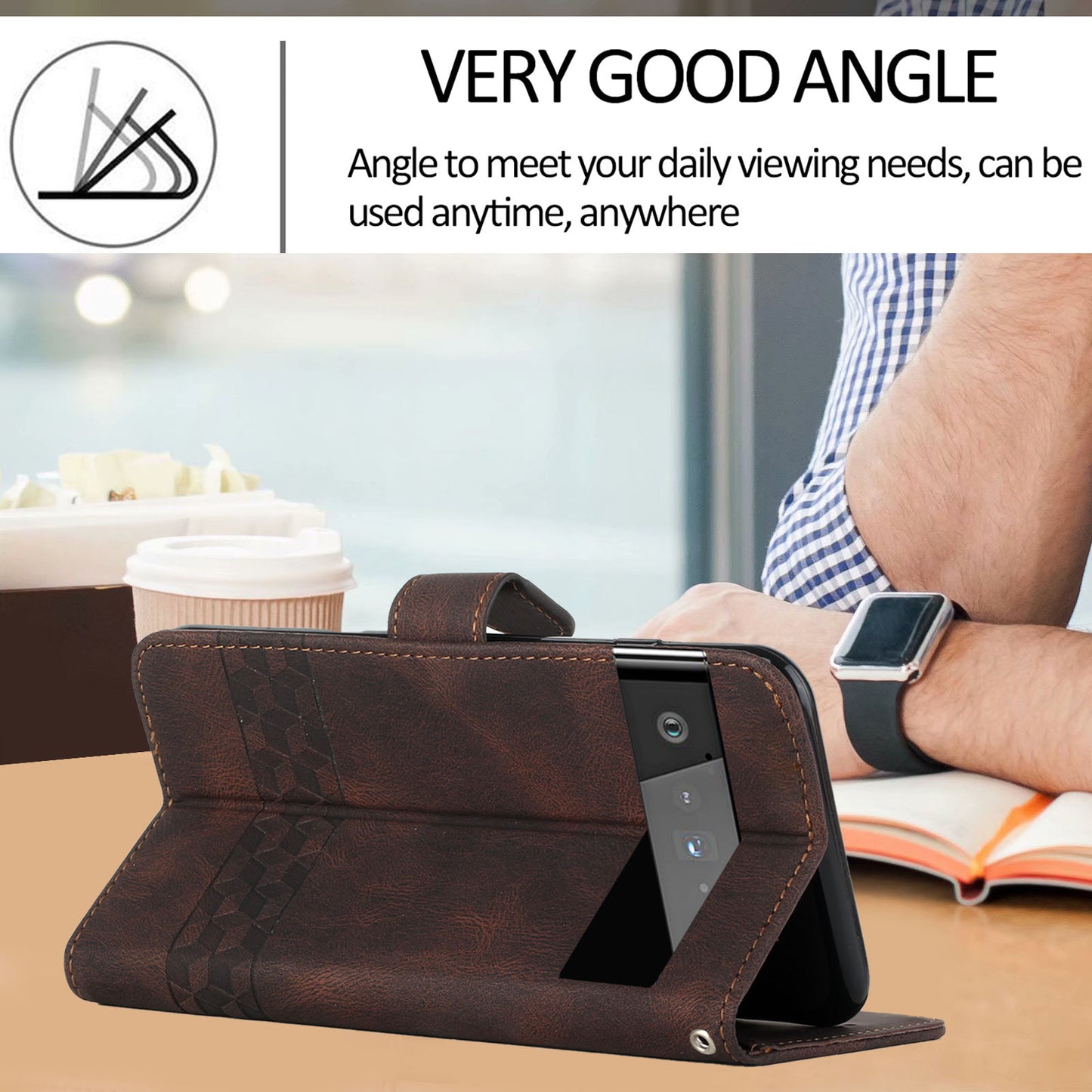 YX 0010  Leather Protective Case Compatible for Google Pixel 6 Supporting Stand Wallet Feature Shockproof Rhombus and Lines Imprinting Skin-touch Feel Phone Shell