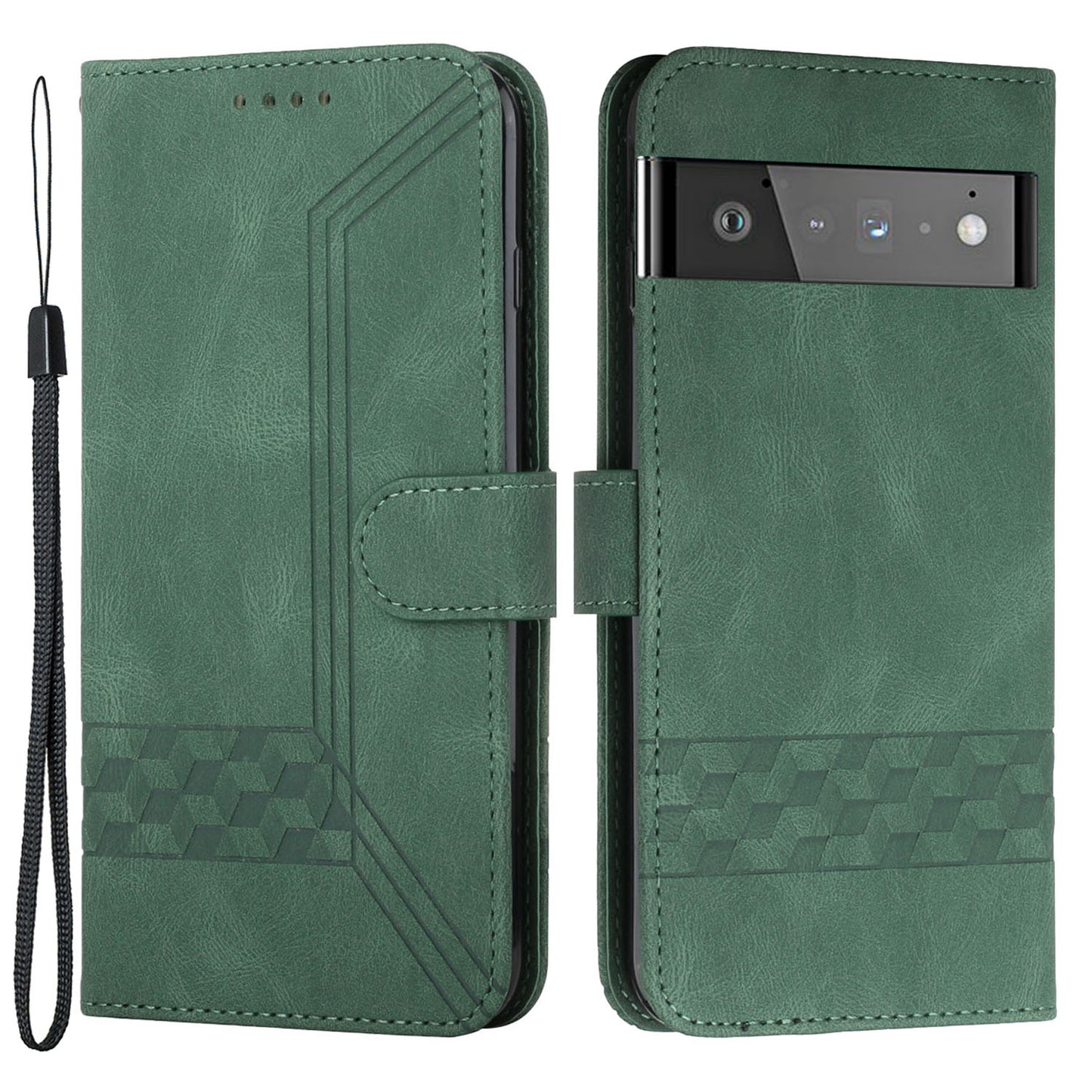 YX 0010  Leather Protective Case Compatible for Google Pixel 6 Supporting Stand Wallet Feature Shockproof Rhombus and Lines Imprinting Skin-touch Feel Phone Shell