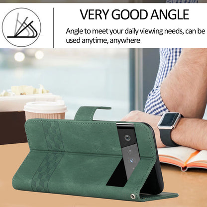 YX 0010  Leather Protective Case Compatible for Google Pixel 6 Supporting Stand Wallet Feature Shockproof Rhombus and Lines Imprinting Skin-touch Feel Phone Shell