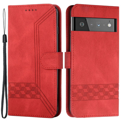 YX 0010  Leather Protective Case Compatible for Google Pixel 6 Supporting Stand Wallet Feature Shockproof Rhombus and Lines Imprinting Skin-touch Feel Phone Shell