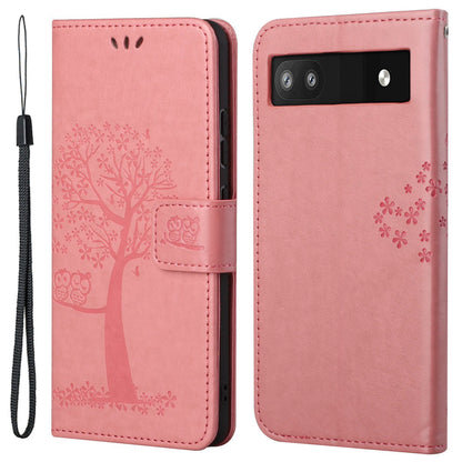 Scratch-proof PU Leather Protective Cover Imprinted Owl Pattern Phone Case with Stand Wallet for Google Pixel 6a