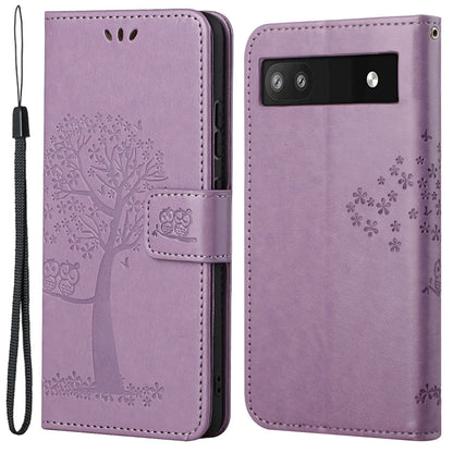 Scratch-proof PU Leather Protective Cover Imprinted Owl Pattern Phone Case with Stand Wallet for Google Pixel 6a
