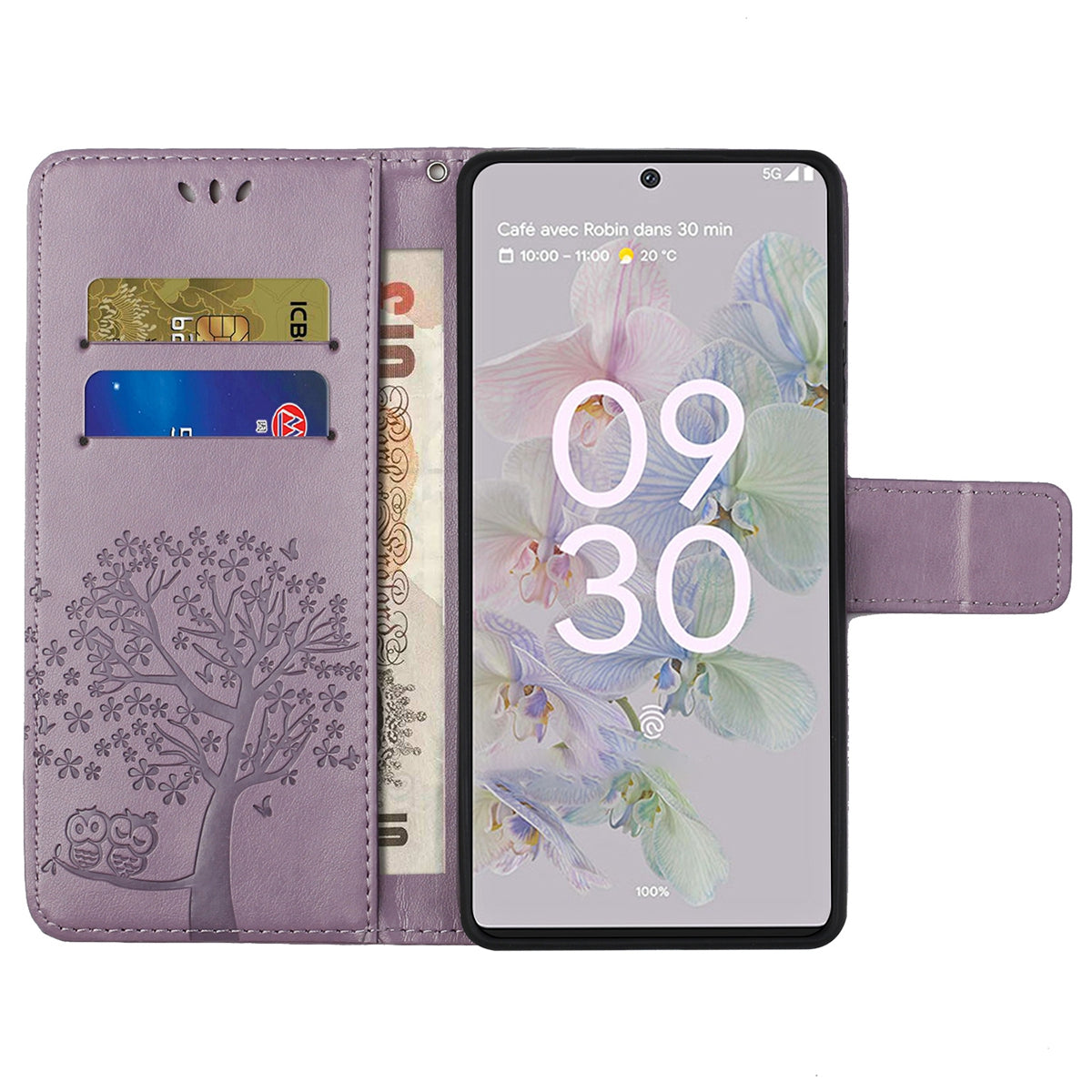 Scratch-proof PU Leather Protective Cover Imprinted Owl Pattern Phone Case with Stand Wallet for Google Pixel 6a