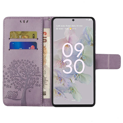 Scratch-proof PU Leather Protective Cover Imprinted Owl Pattern Phone Case with Stand Wallet for Google Pixel 6a