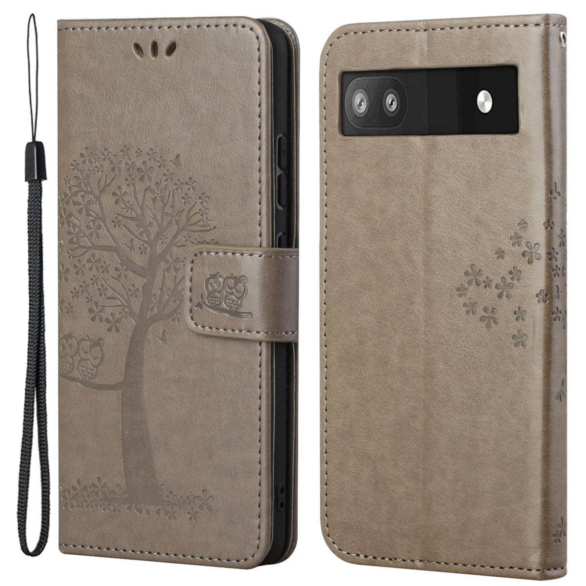 Scratch-proof PU Leather Protective Cover Imprinted Owl Pattern Phone Case with Stand Wallet for Google Pixel 6a