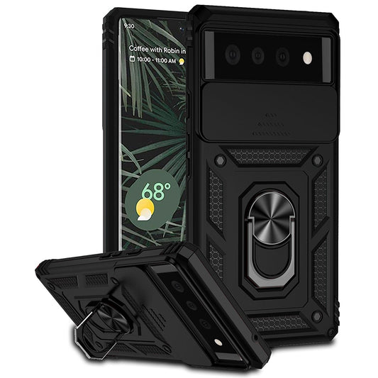 For Google Pixel 6 Ring Holder Metal Kickstand Phone Case Hard PC + TPU Shell with Slide Camera Protection Cover