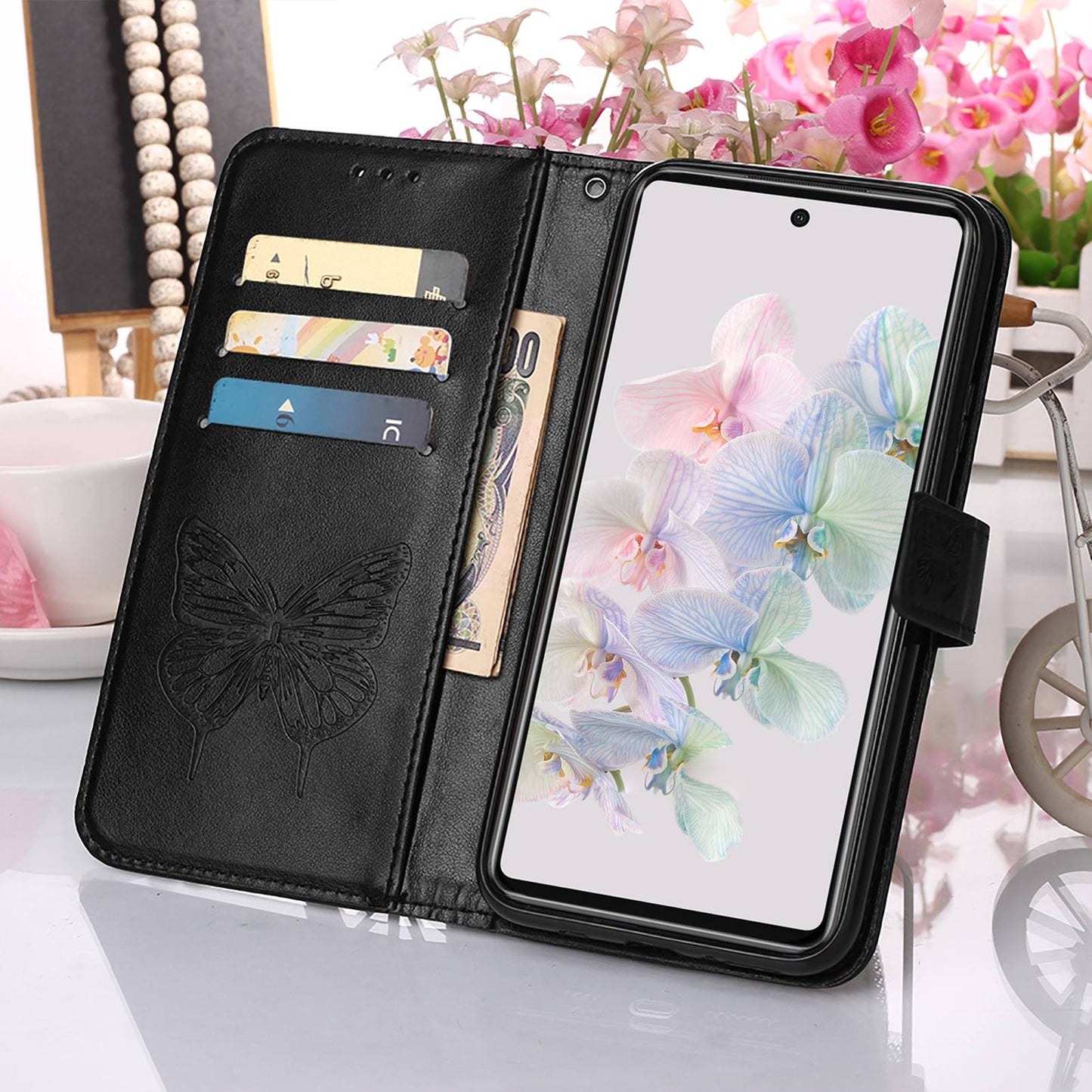 YB Imprinting Flower Series-4 for Google Pixel 7 Imprinting Butterfly Flower Case Wallet Stand Shockproof PU Leather Cover Inner TPU Shell