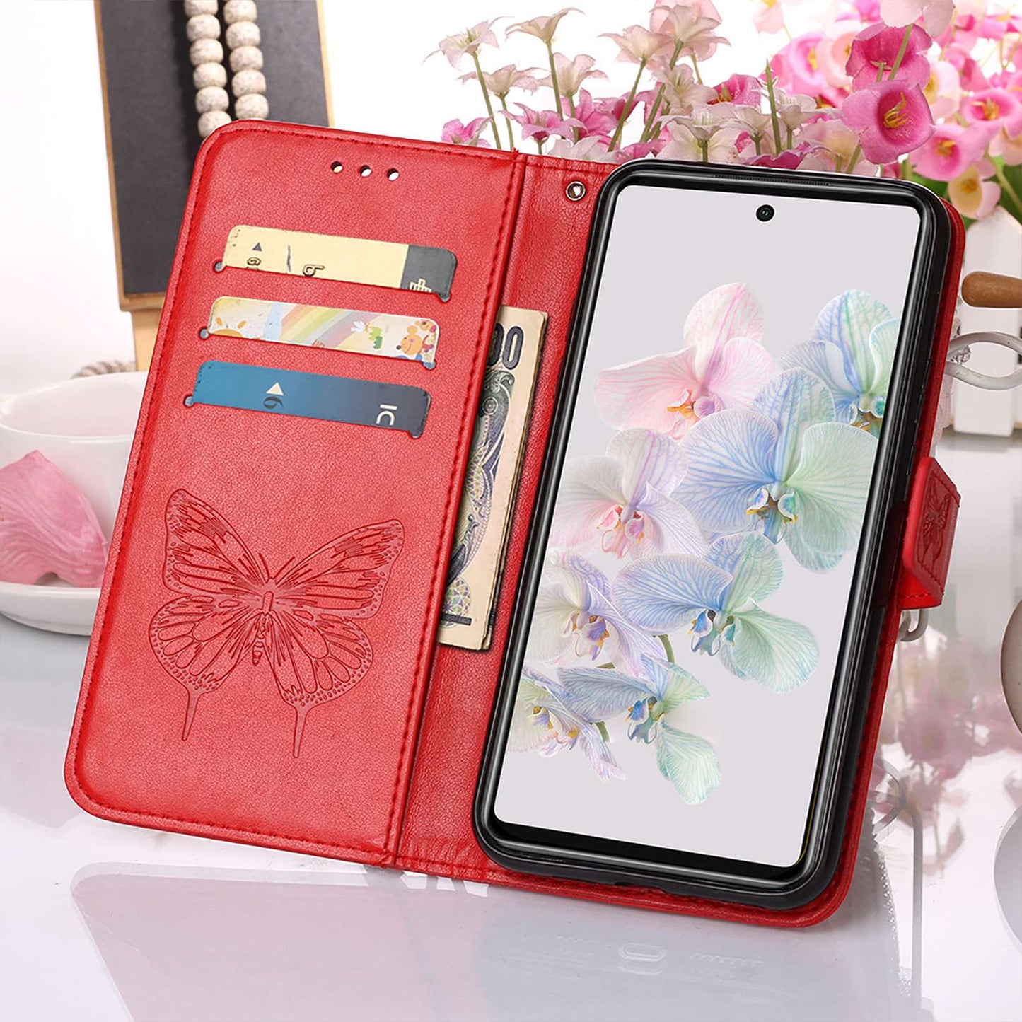 YB Imprinting Flower Series-4 for Google Pixel 7 Imprinting Butterfly Flower Case Wallet Stand Shockproof PU Leather Cover Inner TPU Shell
